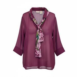 White Stag Womens Plus Size 22W 24W Plum Semi Sheer Floral Tie Neck Blouse